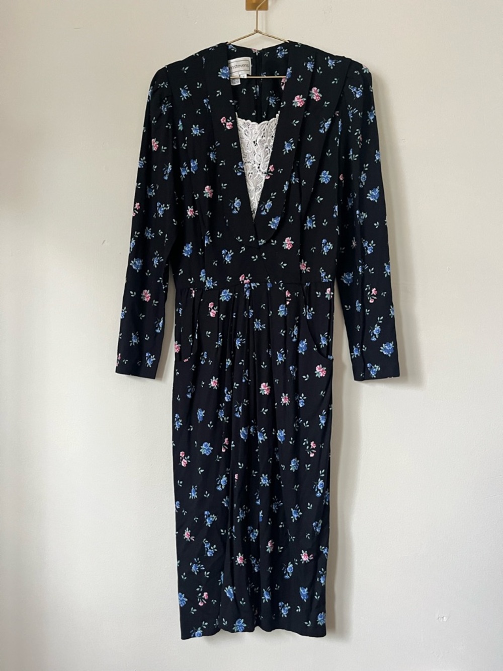 karin Stevens VTG Black dark romantic Floral Midi Dress with Lace accent size 8